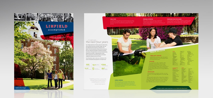 Brand refresh for Linfield reinvents higher education marketing, includes audience focused brochures.