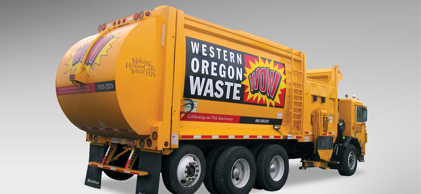 Fleet graphics for the garbage trucks are made to showcase the rebrand and rename.
